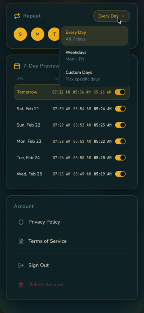 Brahma Alarm - Brahma Alarmの設定インターフェース。繰り返しオプションと7日間の日の出スケジュールプレビューが表示されています。