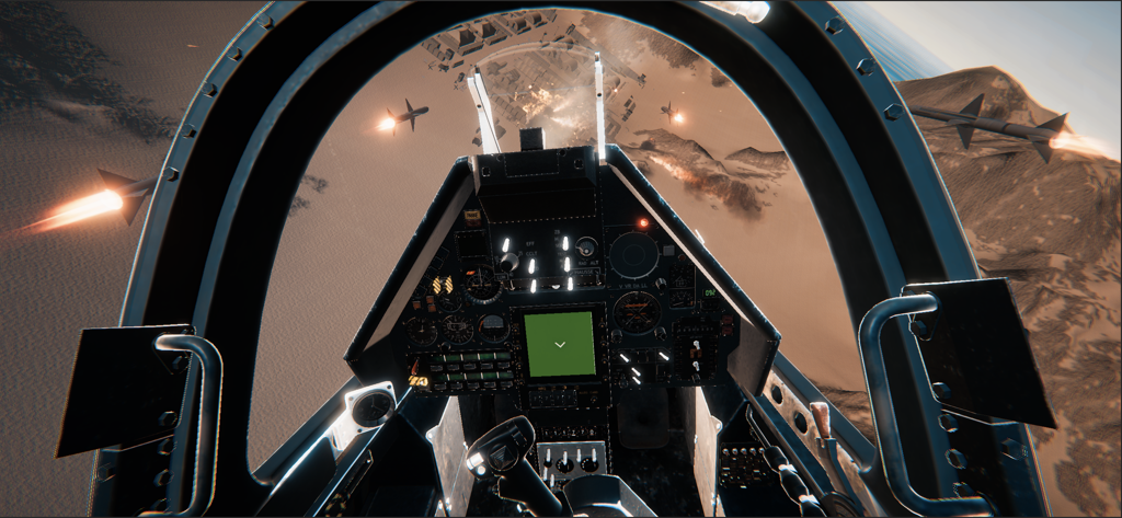Sky Fighters: Airplane Games - First-person cockpit view from a fighter jet launching missiles during an aerial mission