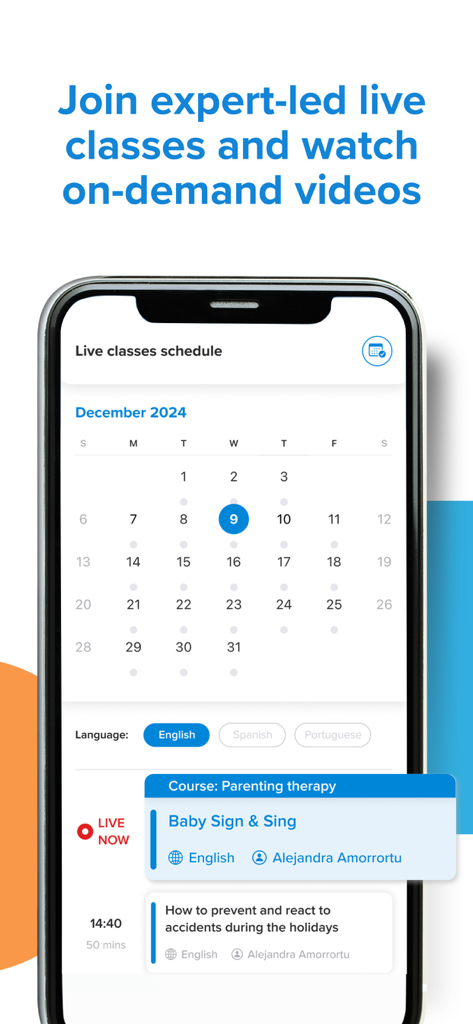 A smartphone displaying the Kinedu app live class schedule for expert-led parenting sessions.