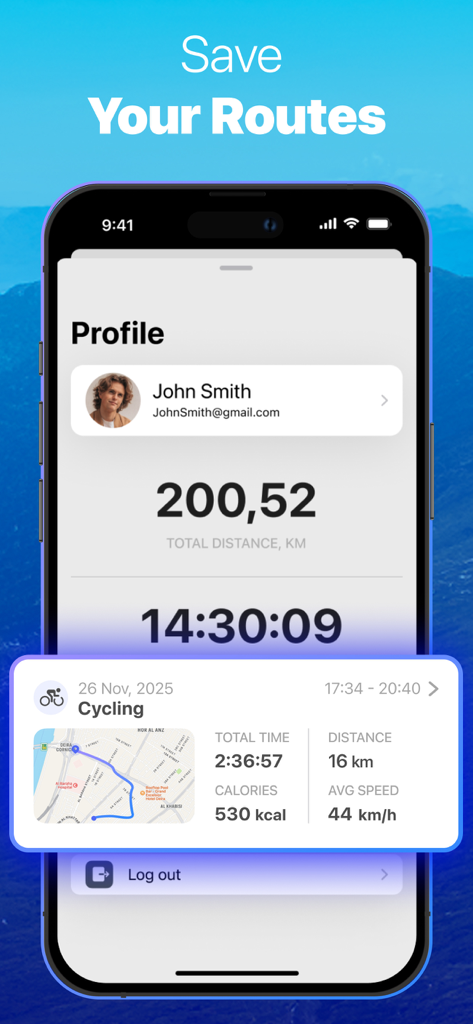 Mobile app profile screen showing total activity distance and a specific cycling route map with workout stats