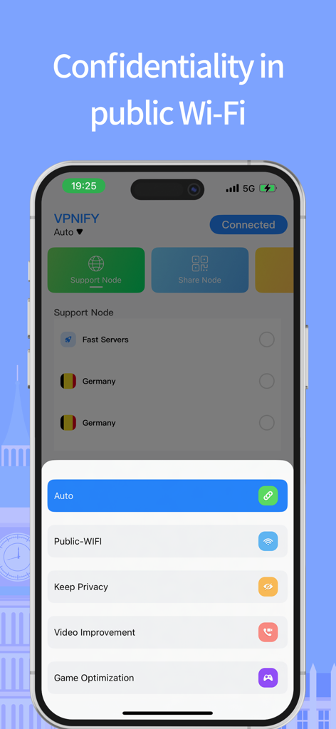 VPN FIy - 보안 공개 Wi-Fi 연결 옵션 및 노드 관리를 보여주는 VPN Fly 앱 인터페이스