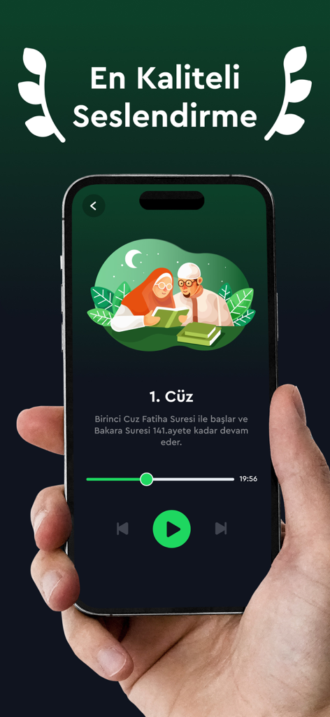 Smartphone displaying the audio player interface of the Sesli Kuran Meali app