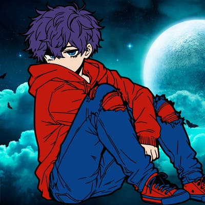 a male hoddie ripped jeans messy hair anime