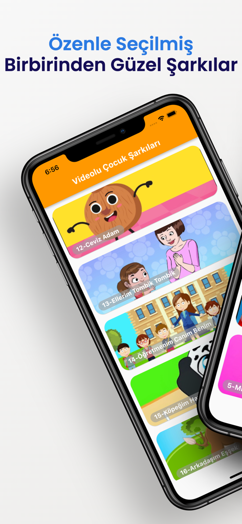 Videolu Çocuk Şarkıları - Türkische Kinderlieder-App-Oberfläche, die eine Liste von animierten Musikvideos mit Titeln anzeigt