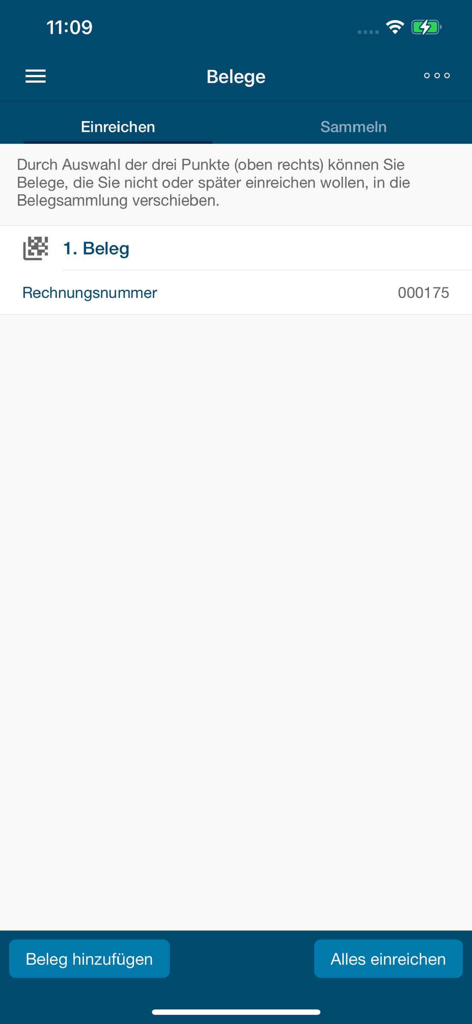 Mobile app interface for managing and submitting health insurance receipts in the Debeka Gesundheit app.