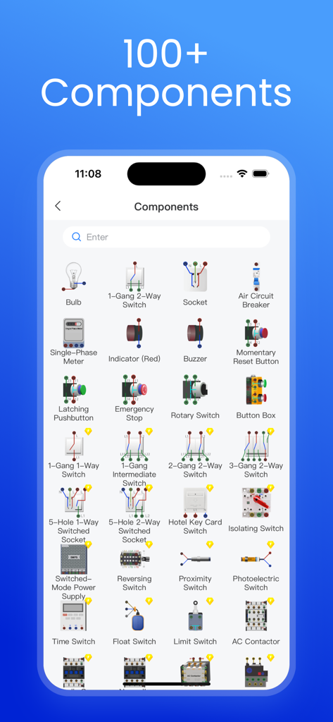 WireGo - A menu in the WireGo app displaying over 100 electrical components including switches, sockets, and circuit breakers for circuit simulation.