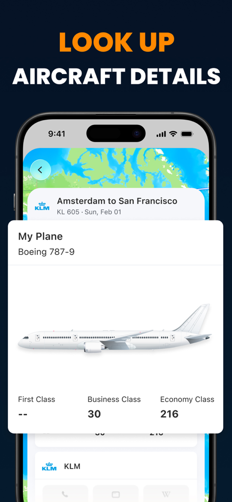 Screenshot of the Flight Tracker app showing Boeing 787-9 aircraft specifications and seat capacity