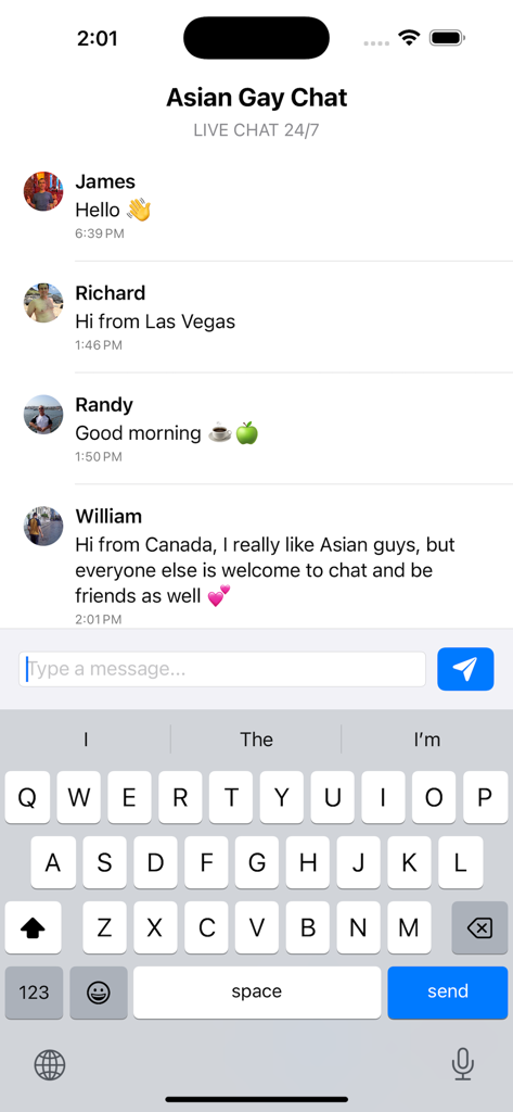 Asian Gay Chat - Asian Gay Chat app screen showing a live chat feed with messages from various users
