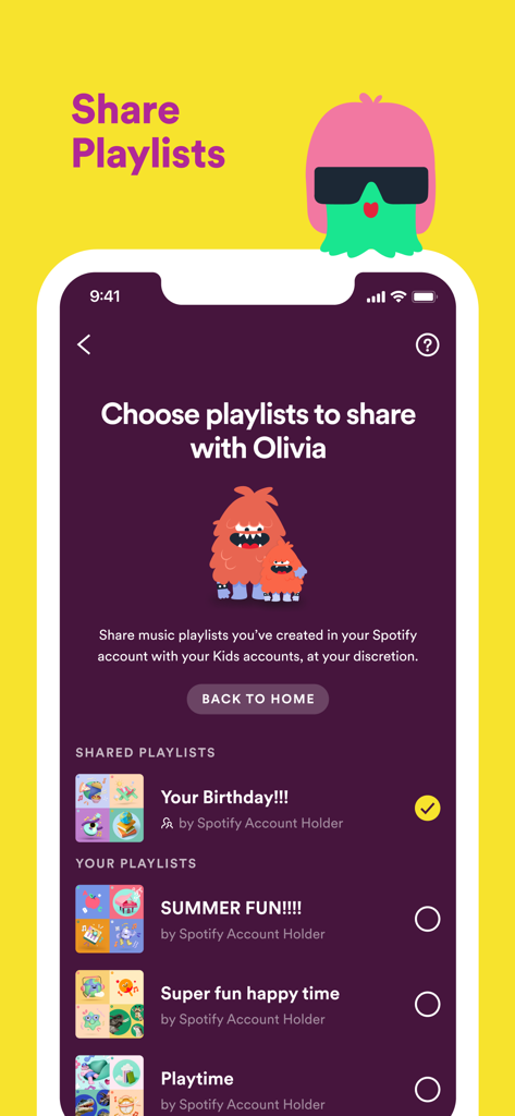 Spotify Kids - Parental interface in Spotify Kids app used to select and share music playlists with children