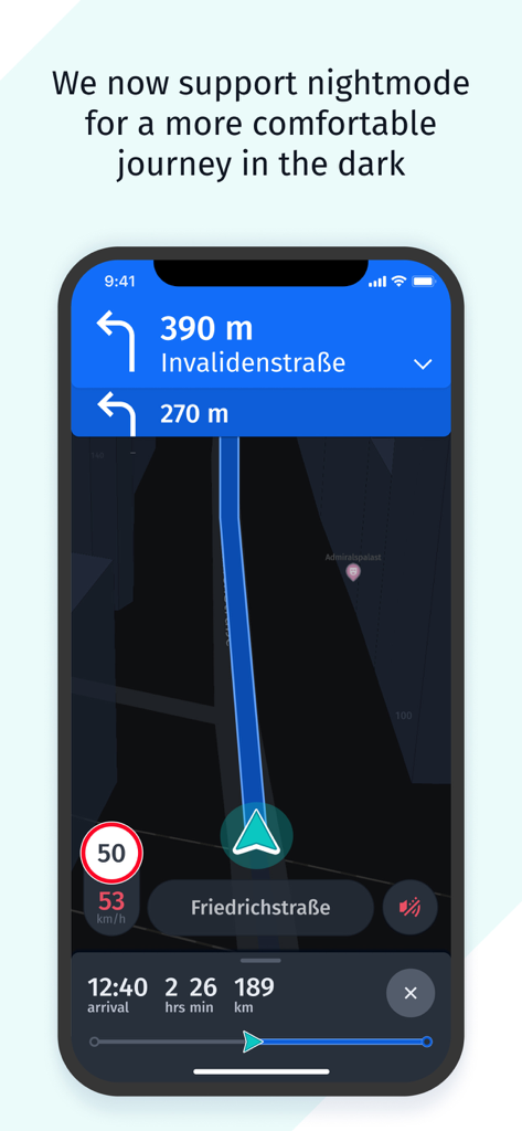HERE WeGo app turn by turn navigation screen in night mode showing driving directions