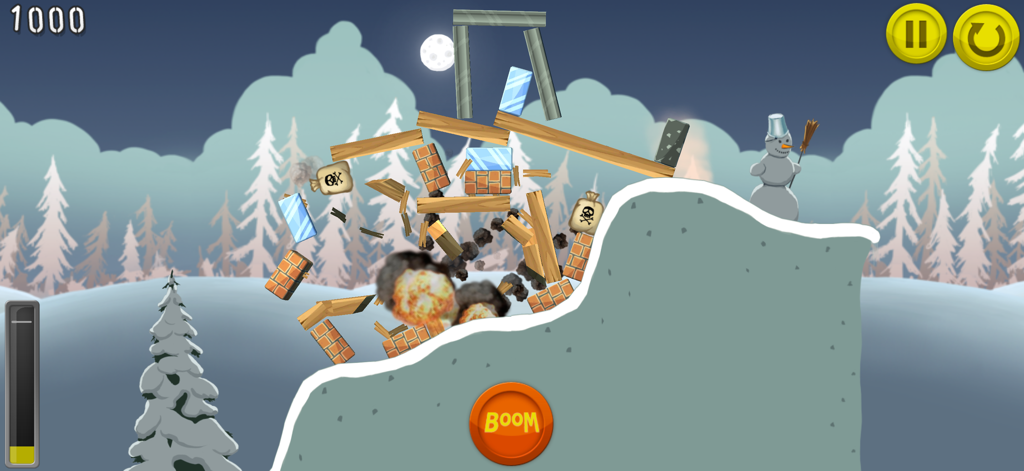 Boom Land™ - Un edificio siendo demolido por explosiones en un nivel nevado del juego de puzzles de física Boom Land.