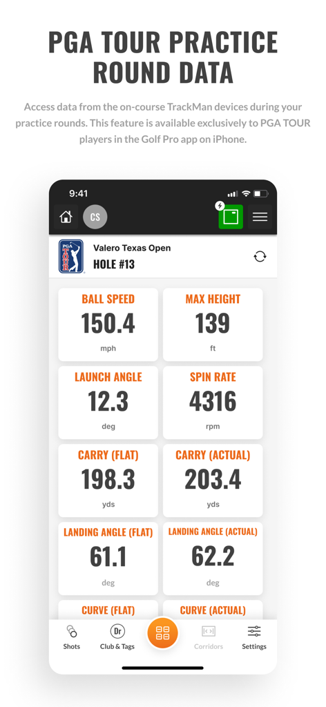 TrackMan Golf Pro - Interface de l'application TrackMan Golf Pro affichant les données des tours d'entraînement du PGA Tour, y compris la vitesse de la balle et l'angle de lancement