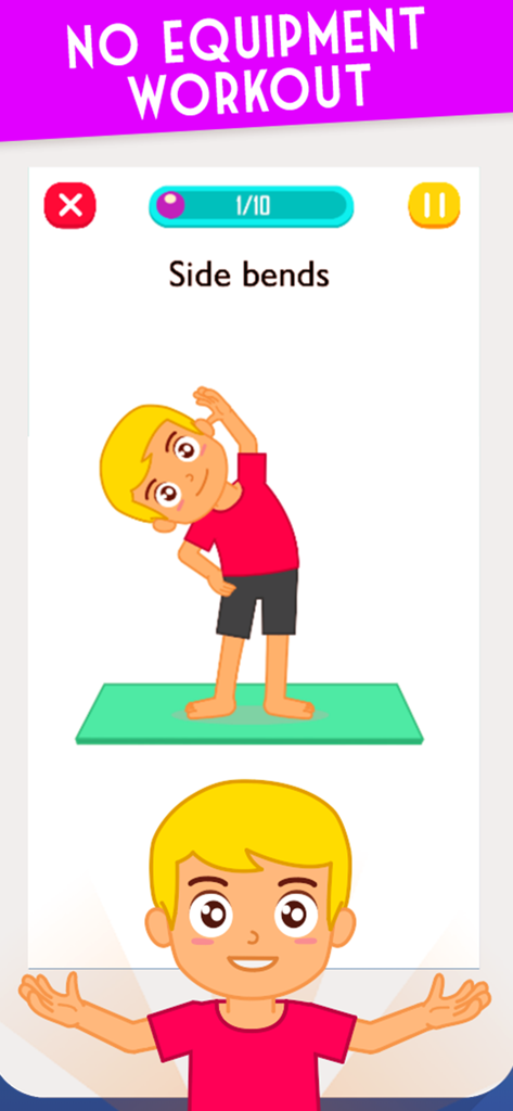 Um menino de desenho animado realizando um exercício de inclinação lateral em um tapete verde no aplicativo Exercício para Crianças.