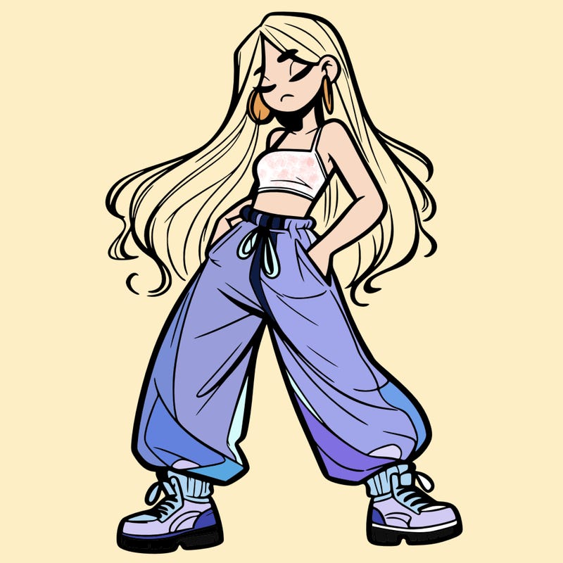 girl in baggy pants crop top and long hair