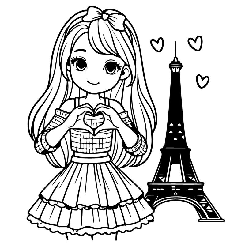 older girl by eiffel tower wearing a cute top and skirt hands in a heart shape long hair complex
