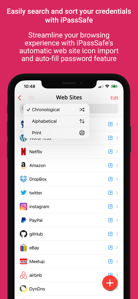 Password Manager iPassSafe . - iPassSafe app interface displaying a list of stored website credentials with a sorting menu for alphabetical and chronological order