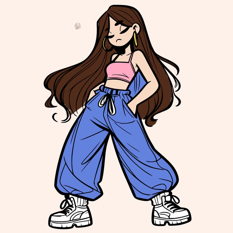 girl in baggy pants crop top and long hair