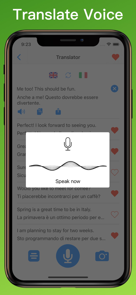 Italian Translator + - Tela de tradução por voz do aplicativo Italian Translator com microfone e prompt para falar agora