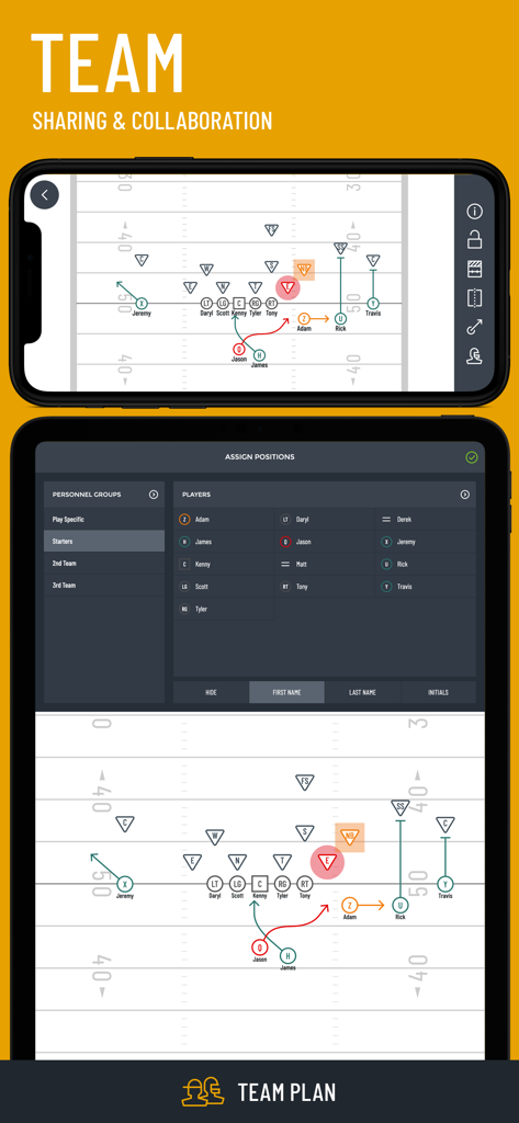 Tackle Football Playmaker X - Tackle Football Playmaker X app interface showing play diagrams and team roster management on iPhone and iPad