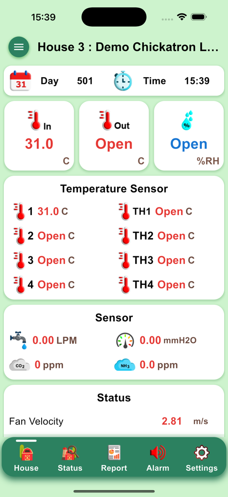 Chickatron Layers - Panel móvil para Chickatron Layers que muestra la temperatura en tiempo real y los datos de los sensores de la nave avícola