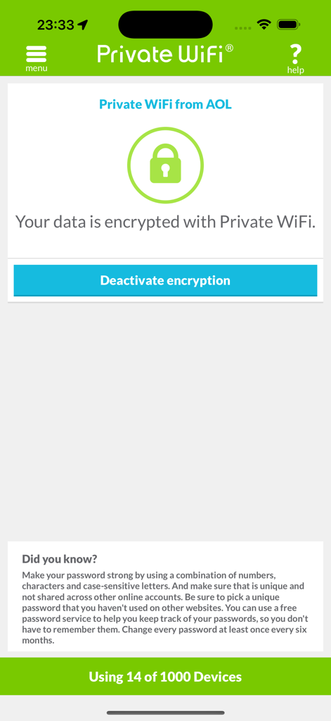 Private WiFiアプリのインターフェース。アクティブなデータ暗号化とセキュリティのヒントが表示されている