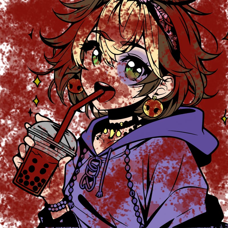 hot baddie anime girl drinking boba and biting the straw