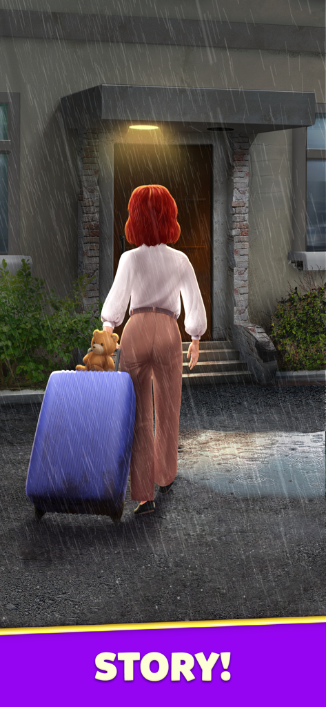 Design Masters: Home Simulator - スーツケースとテディベアを持って雨の中の家に到着する女性。ゲームのストーリーを表している。
