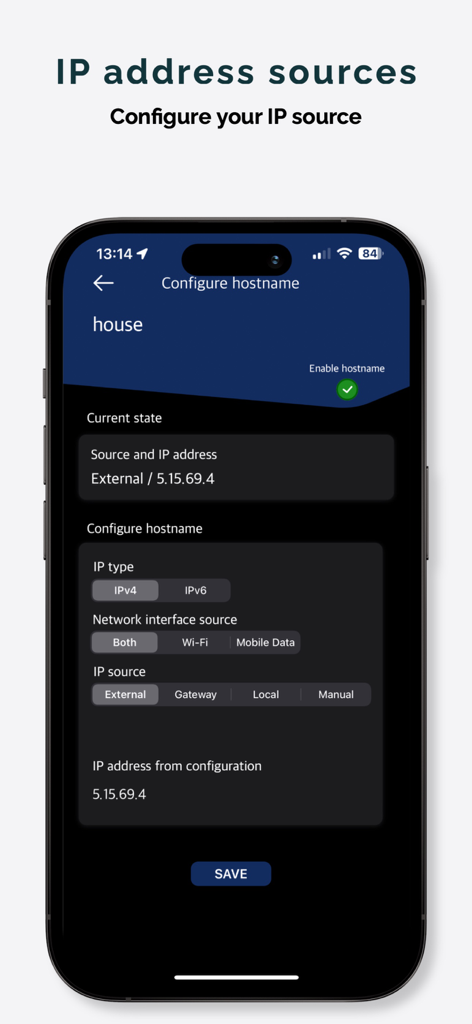 RealDNS - Dynamic DNS - RealDNS app interface for configuring IP address sources and hostnames