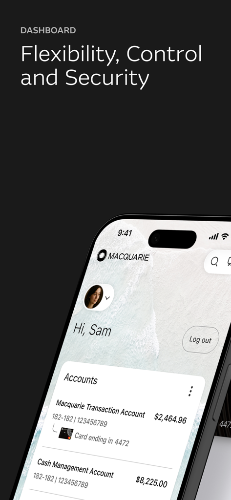 Macquarie Mobile Banking - 계정 잔액 및 사용자 프로필을 보여주는 Macquarie Mobile Banking 앱 대시보드