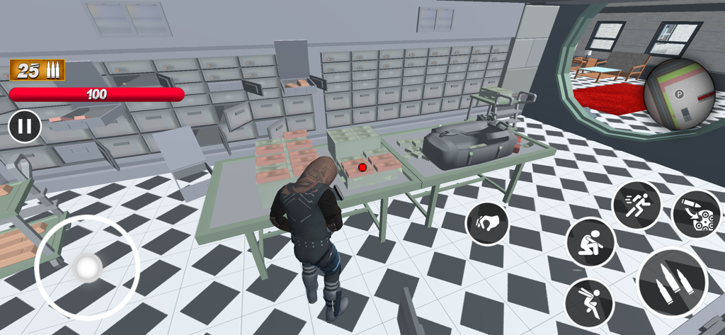 A third person view of a master burglar looting stacks of cash in a bank vault