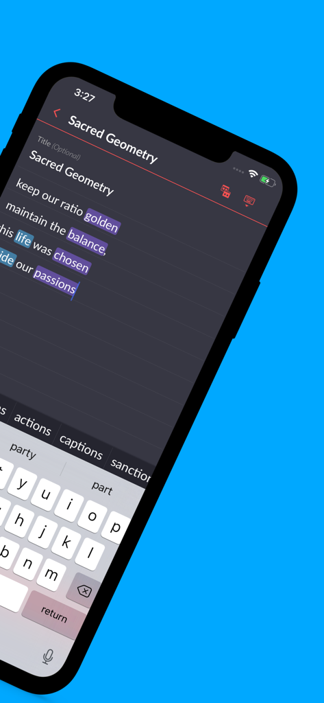 Rhymer's Block app displaying color-coded rhymes and songwriting tools on a smartphone
