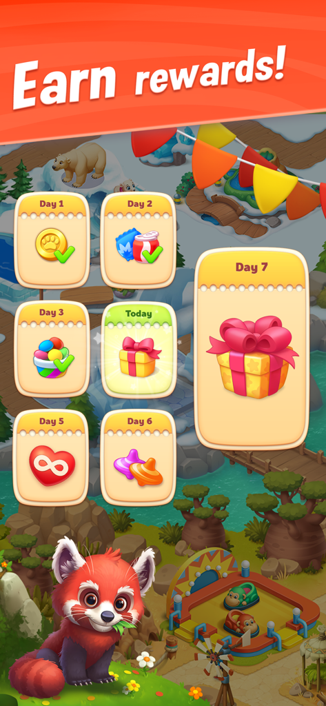 Wildscapes daily reward screen showing a weekly login calendar with coins and boosters featuring a cute red panda