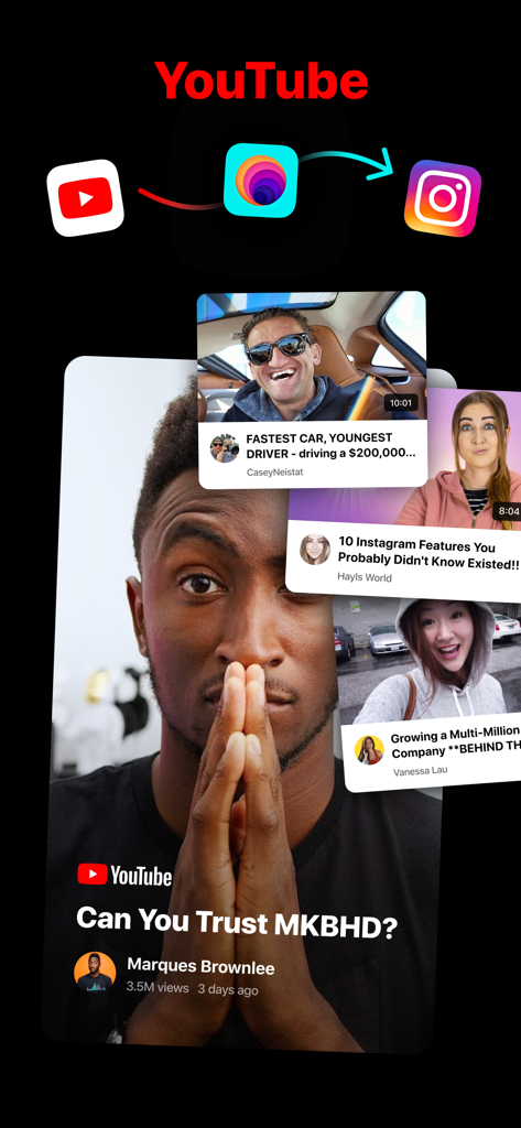 Interface of to Stories app showing how to share curated YouTube video previews to Instagram Stories