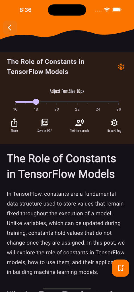 Learn TensorFlow - TensorFlowアプリのインターフェース。定数の役割に関するチュートリアルが表示され、テキストサイズとエクスポートオプションがあります。