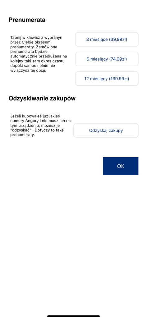 Tygodnik ANGORA - Tygodnik Angora app subscription screen showing plans and purchase restoration options