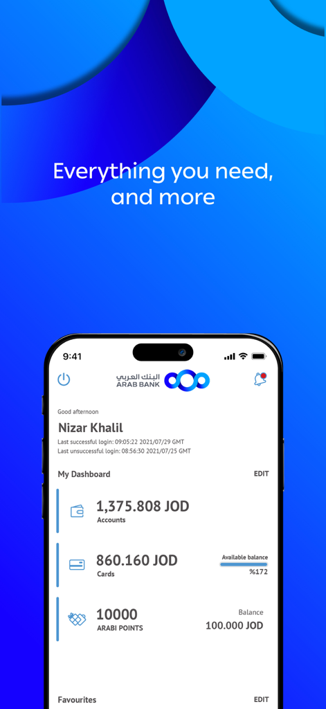 Arabi-Mobile app dashboard displaying account balances and loyalty points