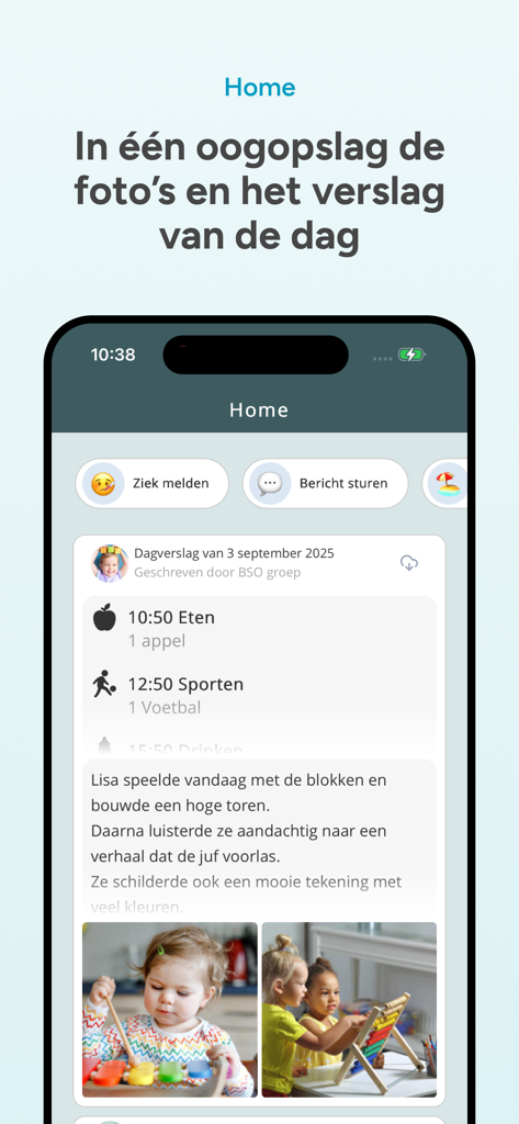 OuderApp van Konnect - Home screen of the OuderApp van Konnect showing a daily report with photos and activity updates for a child at daycare.