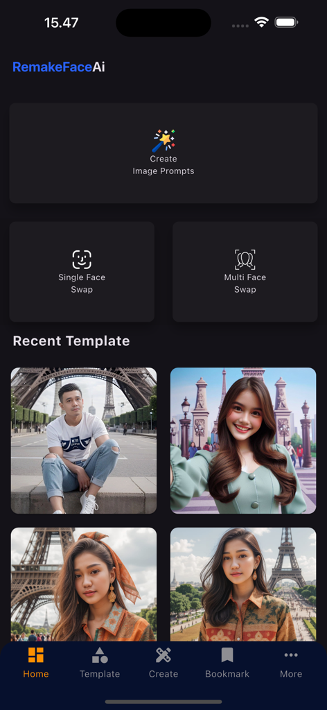 RemakeFace Ai: Face Swap AI - Interface of RemakeFace Ai app displaying face swap tools and photo templates.