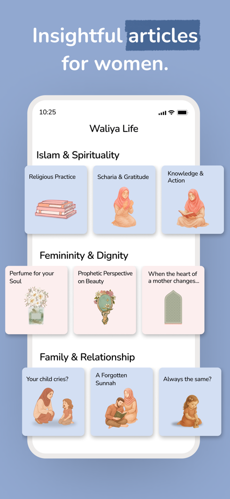 Waliya app screen showing educational articles for women about Islam and spirituality.