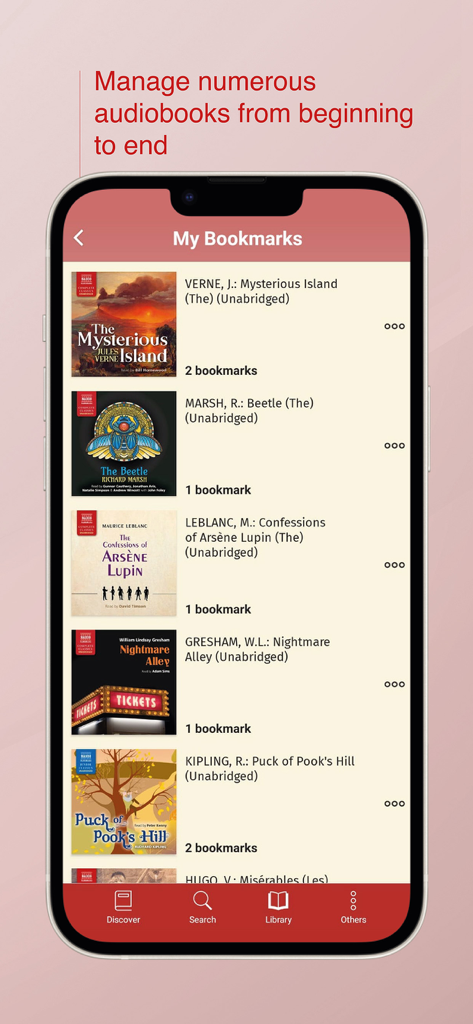 Una lista de audiolibros clásicos en la sección Mis Marcadores de la aplicación Naxos Spoken Word Library.