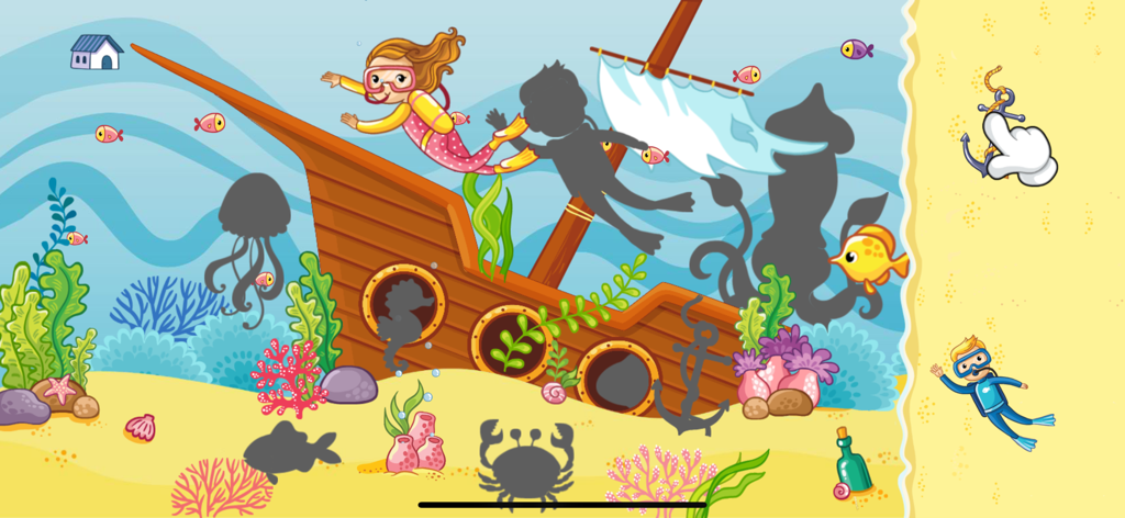 FISH sea animal puzzle games - Underwater shadow puzzle for kids featuring a shipwreck and sea animals