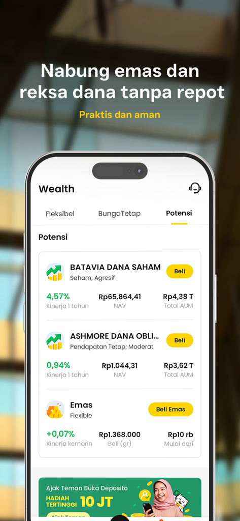 The Wealth screen of the neobank app featuring gold and mutual fund investment opportunities.