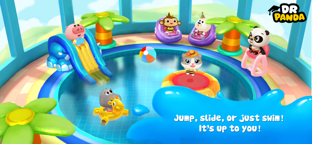Animals playing in a swimming pool with a slide and beach ball