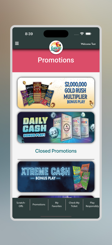 Florida Lottery app promotions screen showing bonus play banners for Gold Rush Multiplier and Daily Cash games