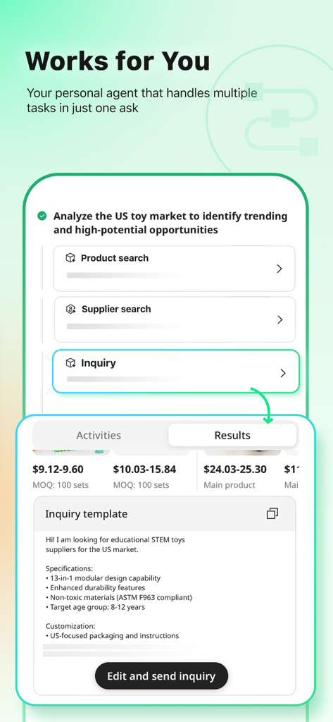 Accio AI Agent interface showing automated product sourcing workflow and supplier inquiry template