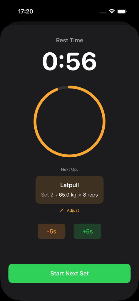 SetTrack - Workout Tracker - SetTrack workout app rest timer screen with upcoming exercise details