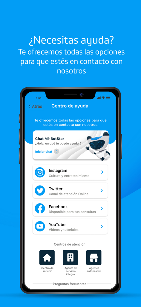 Mi Movistar Venezuela Hilfe-Center-Bildschirm mit Chatbot und Kontaktoptionen für soziale Medien