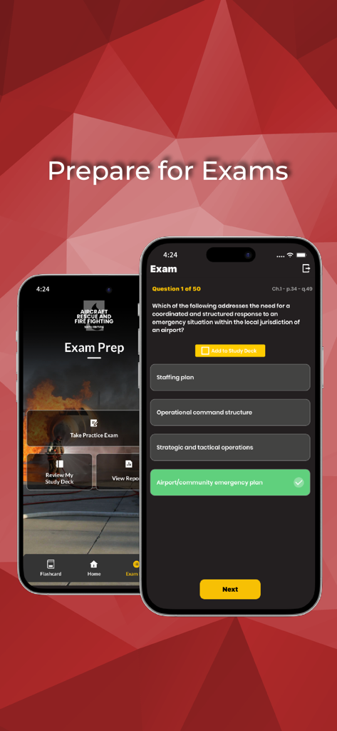 Interface of the IFSTA Aircraft Rescue 6 app showing the exam preparation menu and a multiple choice practice question for airport firefighters.