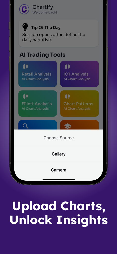 Chartify app interface for uploading trading charts and selecting AI analysis tools