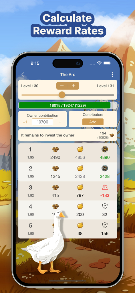 Un'interfaccia di app mobile che calcola i tassi di ricompensa degli investimenti per i Grandi Edifici in Forge of Empires.